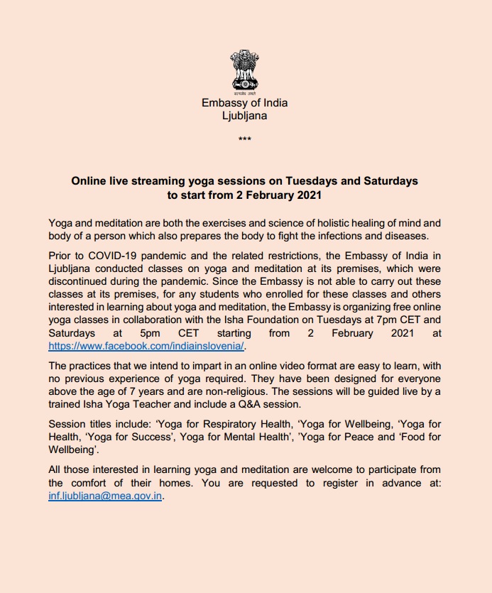 Online live streaming yoga sessions on Tuesdays and Saturdays  to start from 2 February 2021